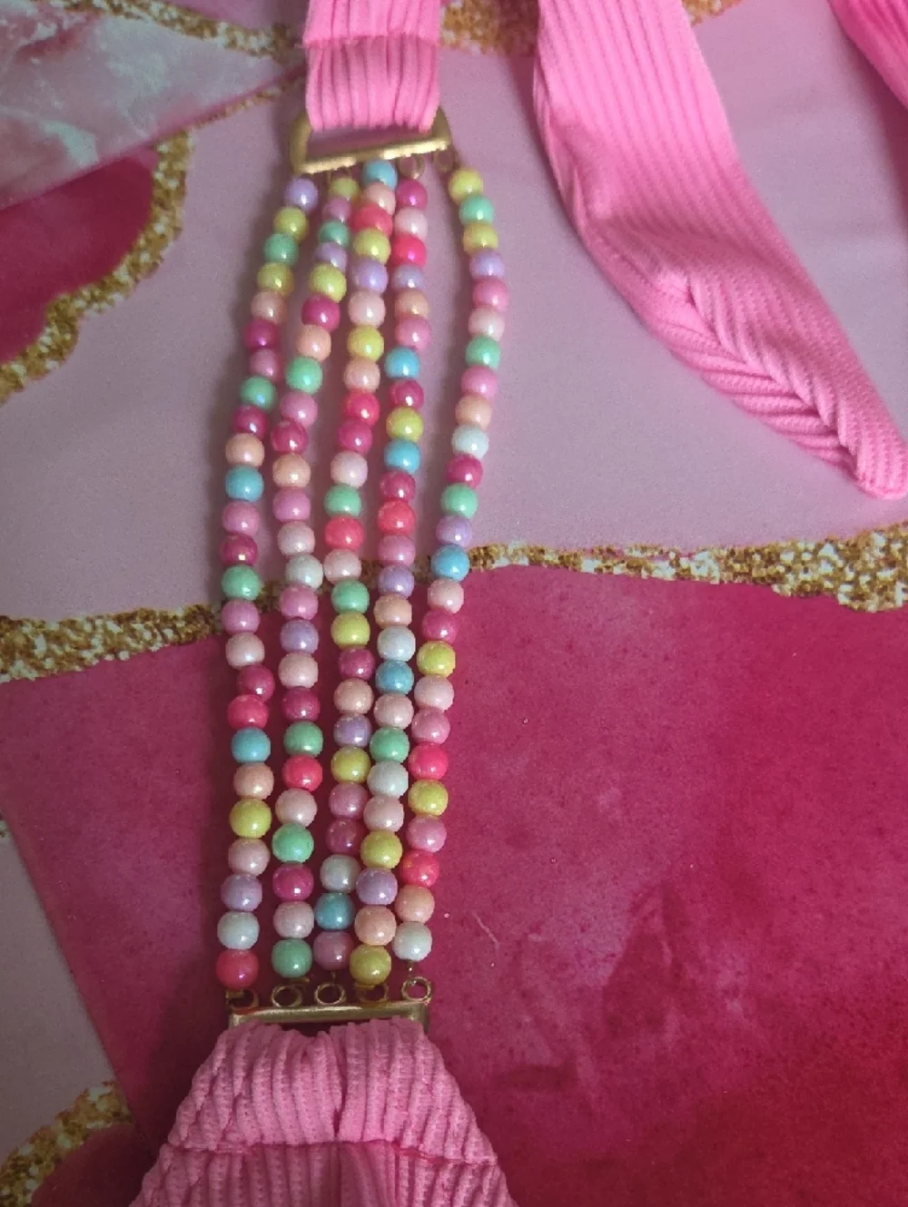 Pink Ribbed Beaded Strap Bikini Set - Picture 2 of 4